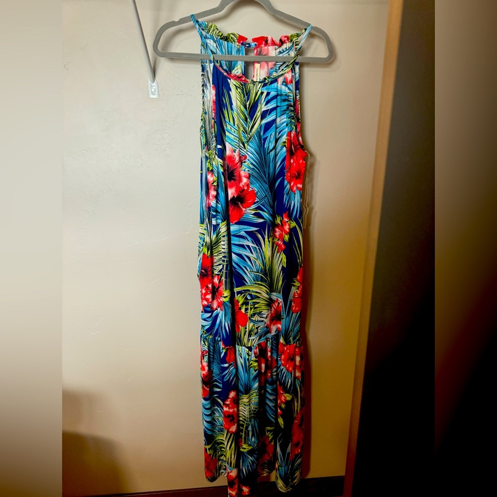 Floral/Tropical maxi dress.  Size large but could fit up to an XL.